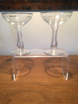 Set Of 2 Vintage Heart Etched Crystal Hollow Stem Champagne Glasses Mcm
