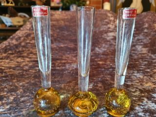 Set Of 3 Amber Coloured Controlled Bubble Single Stem Paperweight Vases