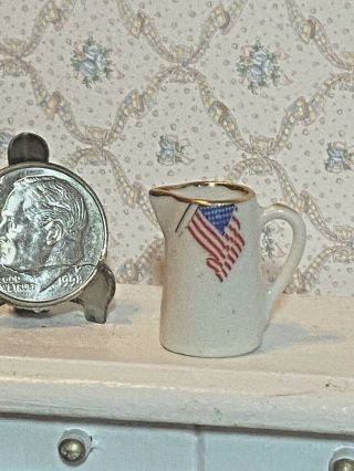 Vintage Dollhouse American Flag Porcelain Pitcher Hand Painted Gold Trim 1:12
