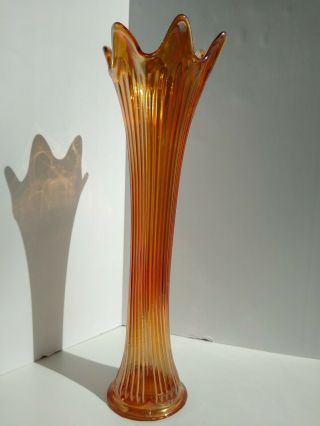 Vtg Orange Iridescent Carnival Glass Vase 12 Tall Has Ribs & Scalloped Edge