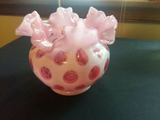 Fenton Glass Vase Cranberry Pink White Ruffled Coin Polka Dot Round Base 5” Tall