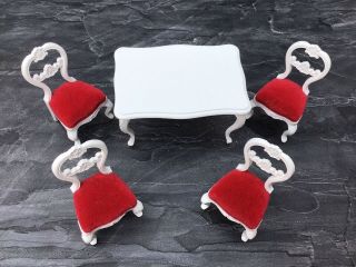 Vintage Lundby Dolls House White Plastic Table & 4 Red Velvet Chairs 16th Scale
