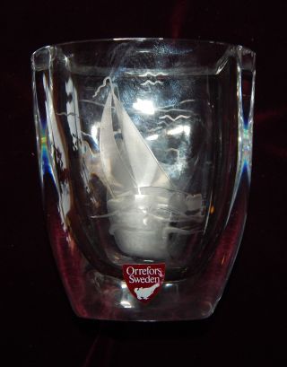 Orrefors Art Crystal Cathedral Vase Etched Sailboat Signed - Zero Cosmetic Issues