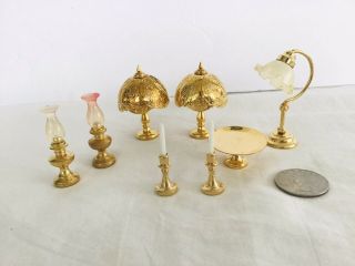 Vintage Brass Dollhouse Miniature Lamps Lanterns Candlesticks Cake Plate