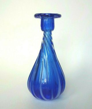 Hand Blown Art Glass Blue White Stripe Twisted Candle Holder