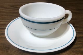 Vintage Pyrex Corning Coffee Cup Mug Teal Blue Stripe White Milk Glass 701