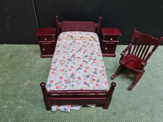 Dolls House Furniture Mahogany Single Bed/draws/rocking Chair 1.  12th S