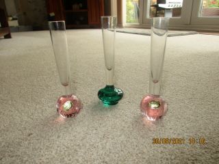 3 Glass Bubble Base Bohemia Bud Vases 2 Pink 1 Green