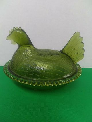 Vintage Indiana Olive Green Glass Hen On A Nest Dish With Lid - Beaded Base 7.  5x6