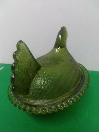 Vintage Indiana Olive Green Glass Hen on a Nest Dish with Lid - Beaded Base 7.  5x6 2