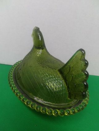 Vintage Indiana Olive Green Glass Hen on a Nest Dish with Lid - Beaded Base 7.  5x6 3