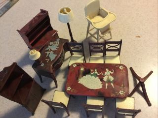 Vintage Renwal Doll House Furniture Dining Room Chairs Buffet,  Hutch High Chair