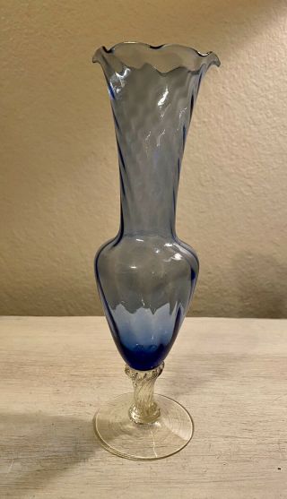 Vintage Hand Blown Blue Glass Bud Vase 8 " Twisted Optic Pattern Ruffled Edge