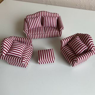 Dolls House Red White Stripey Sofa Suite And Footstool 1:12 Scale