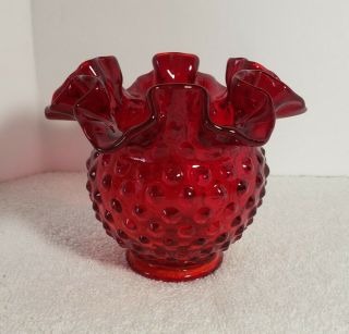 Vintage Fenton Glass Red Hobnail Vase Crimp Ruffled Top 4.  25 " Tall
