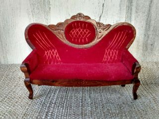 Vintage Dollhouse Miniature Victorian Wood And Red Velvet Doll Sofa