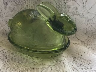 Vintage Green Vaseline Glass Rabbit Covered Candy Dish Trinkets Dish Euc