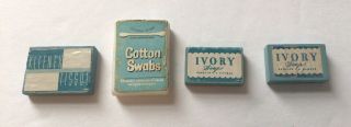Vtg Miniature Doll House Accessories Kleenex Tissue Cotton Swabs (2) Ivory Soaps