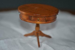 Vtg.  1:12 Dollhouse Miniature Shackman Solid Maple Wood Drum Table W Open Drawers