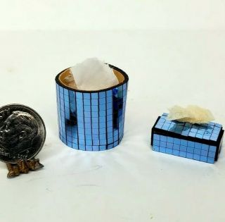Vintage Mod Blue Glass Wastepaper Basket & Tissue Box 1:12 Dollhouse Miniature