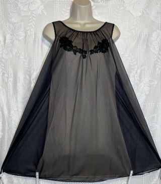 Vtg 34 Black Sheer Chiffon Over Blush Nylon Nightgown Negligee Nightie Gown