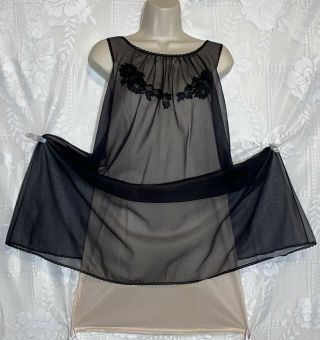 VTG 34 Black Sheer Chiffon Over Blush Nylon Nightgown Negligee Nightie Gown 2