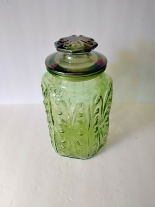 Vtg L E Smith Atterbury Scroll Green Apothecary Jar With Irredescent Lid 64 Oz
