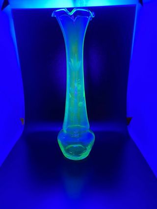 Vintage Green Uranium Glass Bud Vase Vaseline Glass - 8 " Tall Ruffle Etched