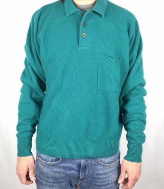 Vintage Abercrombie & Fitch Wool Sweater Mens Xl Teal Blue Polo Collar Button Up
