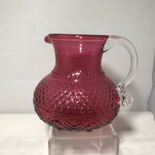 Vintage Pilgrim Cranberry Glass Pitcher Creamer Clear Handle Bennington Pattern