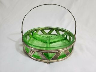 Lovely Vintage Green Depression Glass Divided Relish Tray.  Metal Holder.  B - 276