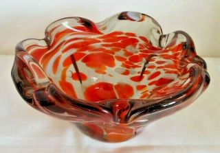 Lovely Murano Red,  White & Clear Cased Glass Form Bowl,  Internal Bubbles