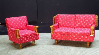 Dolls House Furniture Walnut/red Cottage Sofa And Chair 1.  12th Sa Glenowen?