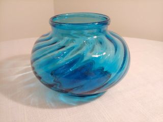 Vintage Aqua Blue Ribbed Swirl Art Glass Bowl Vase
