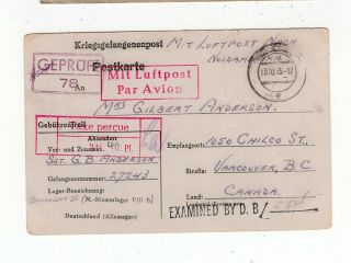Canada / Germany Wwii 1943 Canadian Pow In Germany - Censor Postcard To Bc -