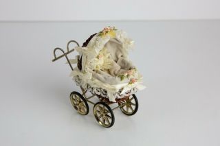 Vintage Miniature Wicker Metal Lace Stroller / Carriage / Pram For Small Dolls