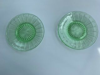 Vtg Set Of 2 Vaseline Green Depression Glass Raised Starburst Saucer Bread Plate