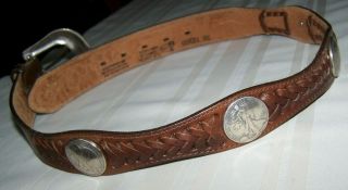 Justin’s Vintage 4 Eagle Half Dollar Leather Belt With Buckle Size 30