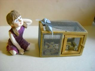 Dollhouse Miniature Resin Girl With Her Empty Rabbit Hutch 1:12 Scale