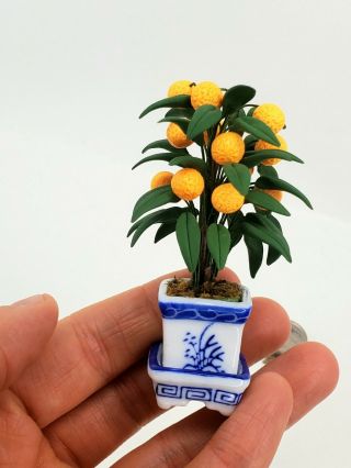 Vintage Handmade Orange Tree In Blue & White Asian Pot 1:12 Dollhouse Miniature