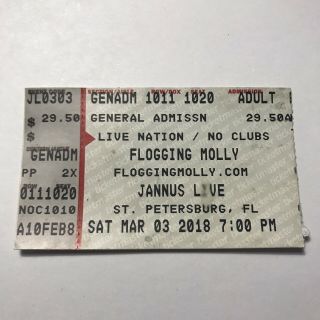 Flogging Molly Jannus Live St Petersburg Florida Concert Ticket Stub March 2018