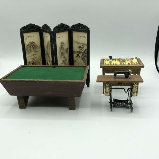 Dollhouse Miniatures Pool Table Oriental Screen Gaming Table Sewing Machine