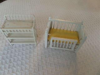 White Wood Baby Changing Table & Crib Miniature Dollhouse Furniture
