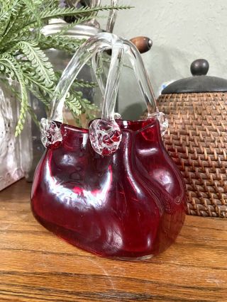 Vintage Murano Ruby Red Art Glass Hand Blown Purse Handbag Vase Heavy