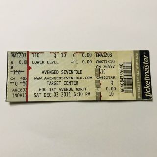 Avenged Sevenfold Target Center Minneapolis Concert Ticket Stub December 2011