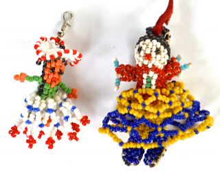 2 Handcrafted Vintage Miniature Seed Beaded Doll Ornaments