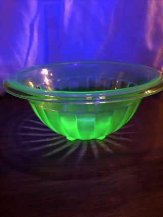 Vintage Uranium Vaseline Glass Green Mixing Bowl Ribbed 8 1/2”