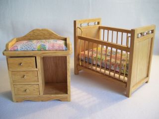 Wooden Dollhouse Furniture Bedroom Set Crib W/mattress & Matching Changing Table
