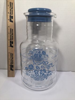 Classic Blue Flower Basket Pyrex 2 Qt.  Fridge Glass Juice Bottle Vintage 70 