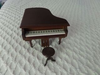 Miniature Doll House Grand Piano And Bench Dark Wood